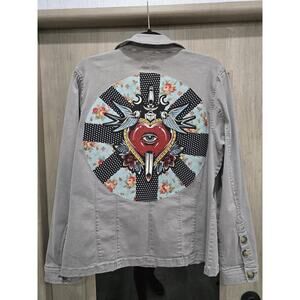 Upcycled Military jean jacket Vintage Tattoo eye Heart  Sparrow Sward SZ XL